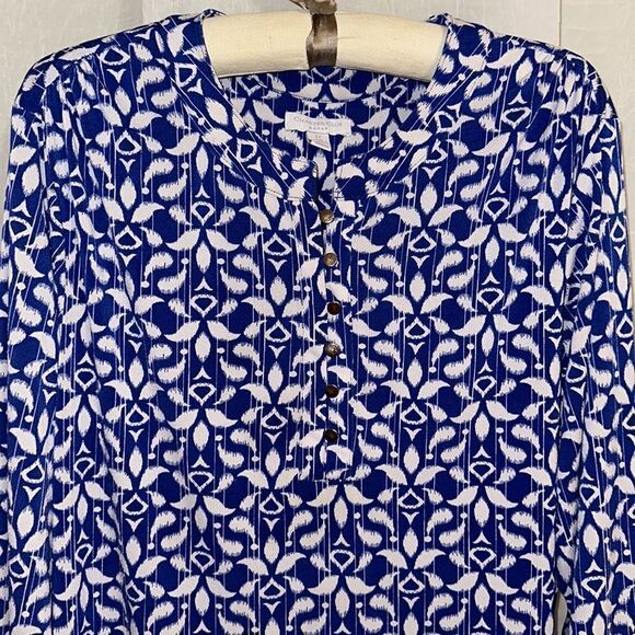 Charter Club 2X Cobalt Royal Blue White Pullover 6 Button Front Long Sleeve Top - Picture 3 of 16